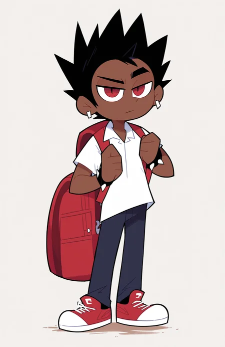 score_9, score_8_up, score_7_up, score_6_up, score_5_up, score_4_up, BREAK
solo, dark skin, male focus, shirt, 1boy, black hair, earrings, white shirt, bag, red eyes, jewelry, pants, white background, backpack, dark-skinned male, shoes, simple background, spiked hair, short sleeves, piercing, full body, sneakers
 <lora:miscon_ponyxl:1>