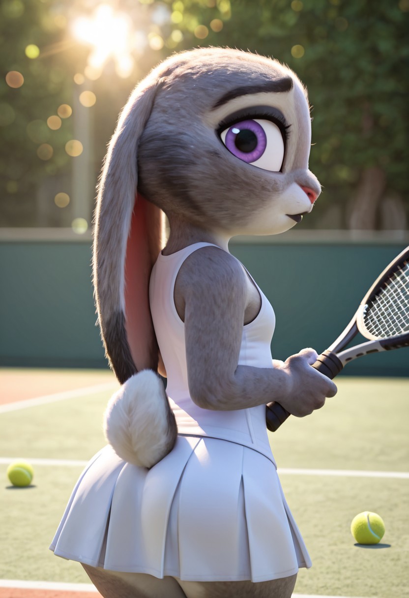 masterpiece, best quality, absurdres, highres, high quality, highly detailed, amazing quality, detailed background, 3d, photorealistic, (bokeh:1.3), official art, Hoovesart, 3d, gloss_(hotglossed), 
solo, (shortstack:1.5), JudyHopps, solo, furry female, rabbit girl, rabbit ears,( ears down:1.5), ,solo,furry female,rabbit girl,rabbit ears,purple eyes,animal nose,body fur,two-tone fur,grey fur,white fur,rabbit tail, small breasts, wide hips, black eyeshadow, black lipstick, two-tone fur, grey fur, white fur, rabbit tail, close-up, cowboy shot, 
tennis uniform, tennis racket, tennis ball, holding, pleated skirt, white skirt, excited, competitive, rear view, looking away, facing away, side-eye to viewer, kissing tennis ball, holding tennis racket in one hand, , , , outdoors, tennis court, well-lit, fill light, (close-up:1.5), closeup,
