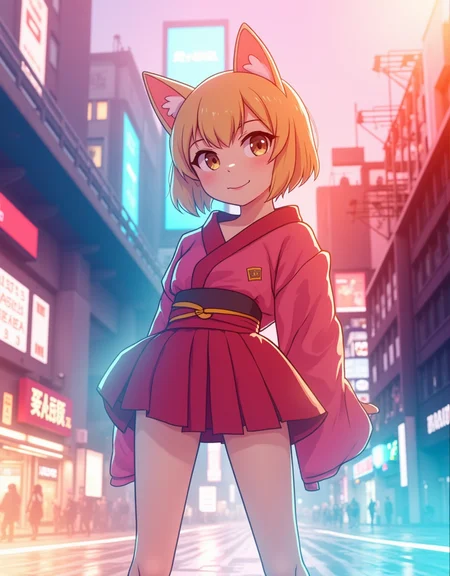<lora:citybkgv2:1> citybkg, cyberpunk, day, ambiance, sunny, detailed, streets, traffic, futuristic, elevated highway, front view, billboards on buildings, high buildings, low buildings, people, bus station, street marking, stores, shop lights, illuminated, electric poles, signs, photo of a cute cat geisha with a detailedf nice japanese outfit in a crowded futuristic city, portrait, wet, neons, anime style
