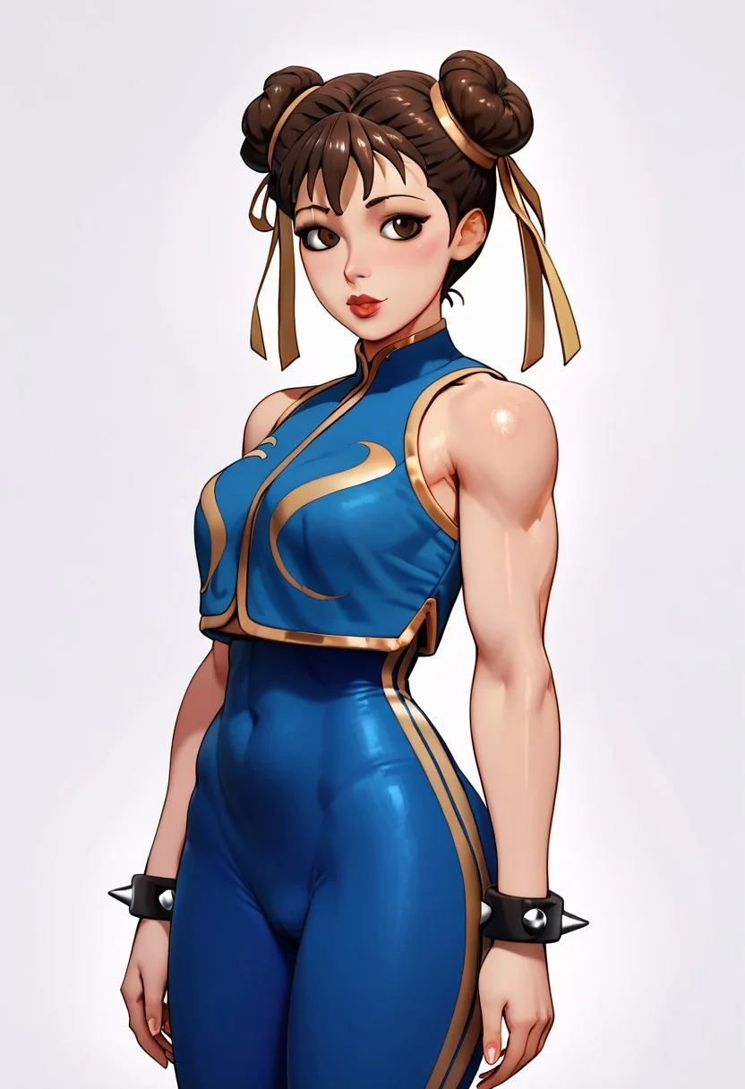 score_9, score_8_up, score_7_up, zPDXLxxx, detailed, sharp, HDR, good quality, good resolution, maximalist, zPDXLxxx, blank eyes, empty eyes, 1girl, chunlifortnite,1girl,short hair,brown hair,ribbon,brown eyes,jewelry,hair ribbon,sleeveless,hair bun,bracelet,lips,crop top,double bun,bodysuit,thick thighs,spikes,spiked bracelet,unitard,studded bracelet,chun-li butt, full body, standing, sexy, brainless, happy, best quality, very aesthetic, blank background(white background)