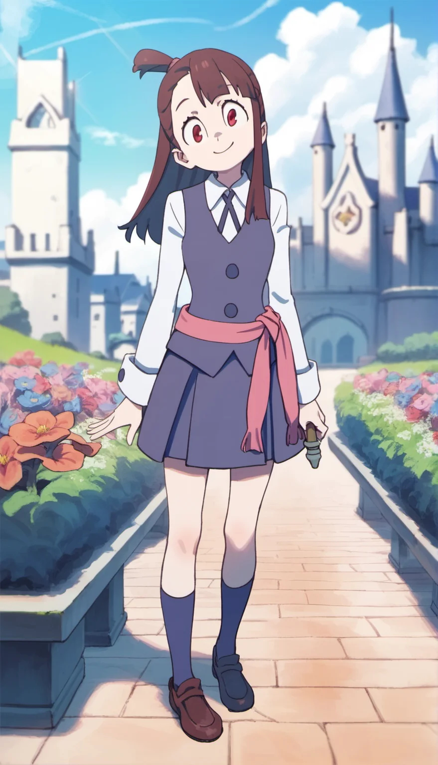 score_9,score_8_up,score_7_up,
<lora:AtsukoKagari:0.9>,akkokagari,
1girl,solo,brown hair,long hair,bangs,short ponytail,pink hair tie,red eyes,looking at viewer,smile,
white long sleeve shirt,white collar,bowtie,dark blue vest,pink waist ribbon with wand hanging on it,dark blue short skirt,
blue socks,leather shoes,
full body,standing,
blurry background,outdoors,bloom,light particles,lens flare,cloud,cityscape,magic academy,castle,garden,courtyard,