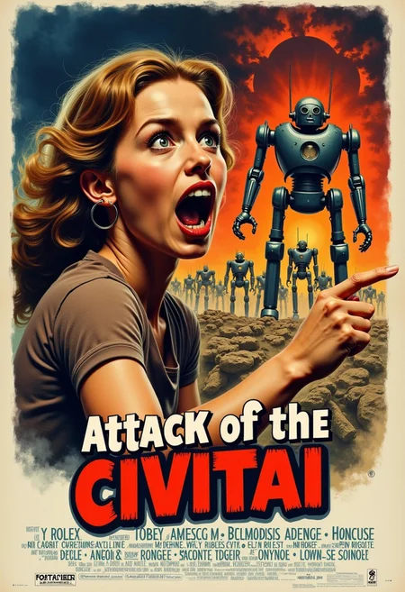 A vintage sci-fi movie poster. The poster features a frightened woman screaming and pointing to a an army of evil robots in the distance. Text: "Attack of the CIVITAI"