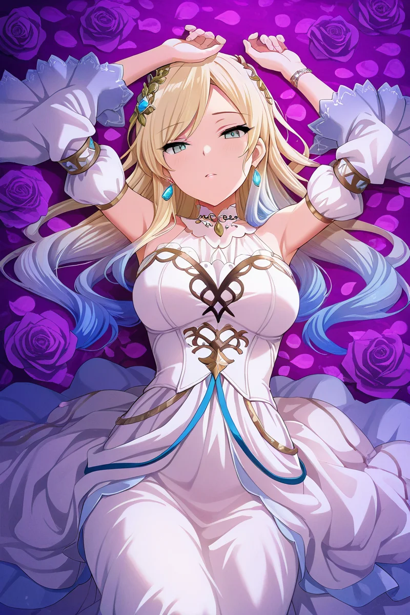 masterpiece, best quality, amazing quality,
 <lora:Fumi_IL:1> fumi, 1girl, solo, flower, dress, blonde hair, long hair, detached sleeves, lying, multicolored hair, looking at viewer, gradient hair, jewelry, rose, on back, earrings, hair ornament, aqua eyes, breasts, purple rose, petals, white dress, blue eyes, blue hair