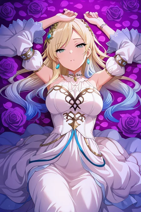 masterpiece, best quality, amazing quality,
 <lora:Fumi_IL:1> fumi, 1girl, solo, flower, dress, blonde hair, long hair, detached sleeves, lying, multicolored hair, looking at viewer, gradient hair, jewelry, rose, on back, earrings, hair ornament, aqua eyes, breasts, purple rose, petals, white dress, blue eyes, blue hair