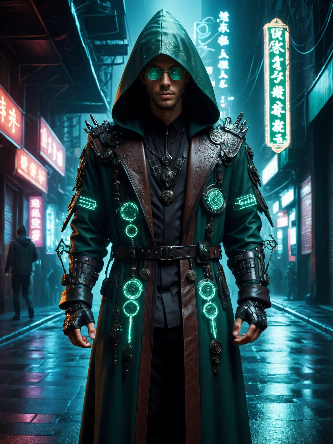 cinematic photo with dramatic lighting, dynamic pose, man, mad-hrmtcwzrd, hooded_leather_robe, green tinted glasses, intricatly ornated, magic runes, magical items, elegant cyberpunk street, neon signs, rain, Walking pose<lora:Neon_Cyberpunk_SDXL_Hermetic_Wizard:0.8>, masterpiece, best quality, ultra high res, (photorealistic, realistic:1.2), deep shadow, raw photo, film grain, Fujifilm XT3, 8k uhd, dslr