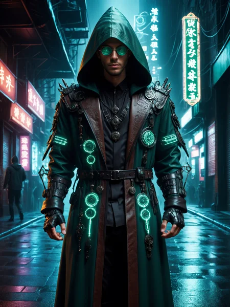 cinematic photo with dramatic lighting, dynamic pose, man, mad-hrmtcwzrd, hooded_leather_robe, green tinted glasses, intricatly ornated, magic runes, magical items, elegant cyberpunk street, neon signs, rain, Walking pose<lora:Neon_Cyberpunk_SDXL_Hermetic_Wizard:0.8>, masterpiece, best quality, ultra high res, (photorealistic, realistic:1.2), deep shadow, raw photo, film grain, Fujifilm XT3, 8k uhd, dslr