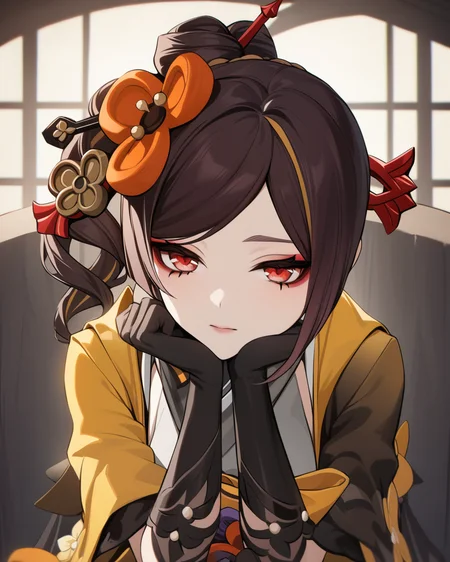 <lora:ChioriGenshinImpact_AnimagineXL-000030:0.8>chiori, 1girl, red eyes, brown hair, side ponytail, makeup, hair ornament, japanese clothes, kimono, sash, black gloves,black thighhighs, black pantyhose, head_rest, face focus,looking at viewer,, masterpiece,best quality,