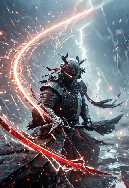 1man, armored samurai in black samurai armor, wearing samurai helmet and armor, Incoming sword, broken glass, brave perspective, reflection, glowing lightning slash, red katana, red lightning, shatter, holding sword, glowing sword, motion blur, emphasis line, outdoor in the darkness, looking at viewer,