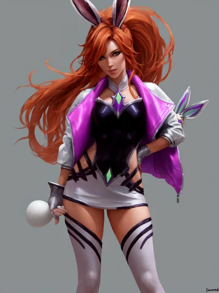 (battle bunny miss fortune), miss fortune \(league of legends\), by jeremy mann, by sandra chevrier, by dave mckean and richard avedon and maciej kuciara, high detailed, 8k, league of legends, absurdres, highres, full body, 1girl, 1girls, female, female focus, female only, solo, (((smug))), (((hands behind back))), (((arms behind back))), orange hair, very long hair, big breasts, dress, layered dress, layered clothes, black and white dress, short dress, pink and white bunny ears, bunny ears, pink and white mini jacket, (mini jacket), bare shoulders, bare thighs, bodysuit, fingerless gloves, freckles, painted nails, looking at viewer, red eyes, thick thighs, ponytail, (white thighhighs), thighs, tight clothing