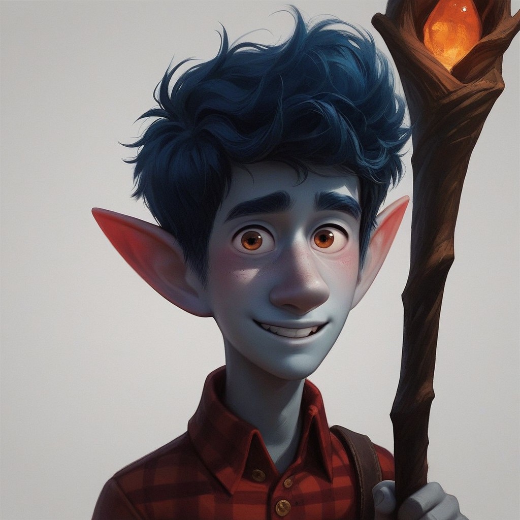 score_9, score_8_up, score_7_up, score_6_up,
1 boy, perfect face, young, solo, male focus, portrait, pubic hair, blue hair,  looking at viewer, ian lightfoot, male elf, pointy ears, blue skin, short hair, red plaid shirt, smiling, holding a staff, upper body, forest background