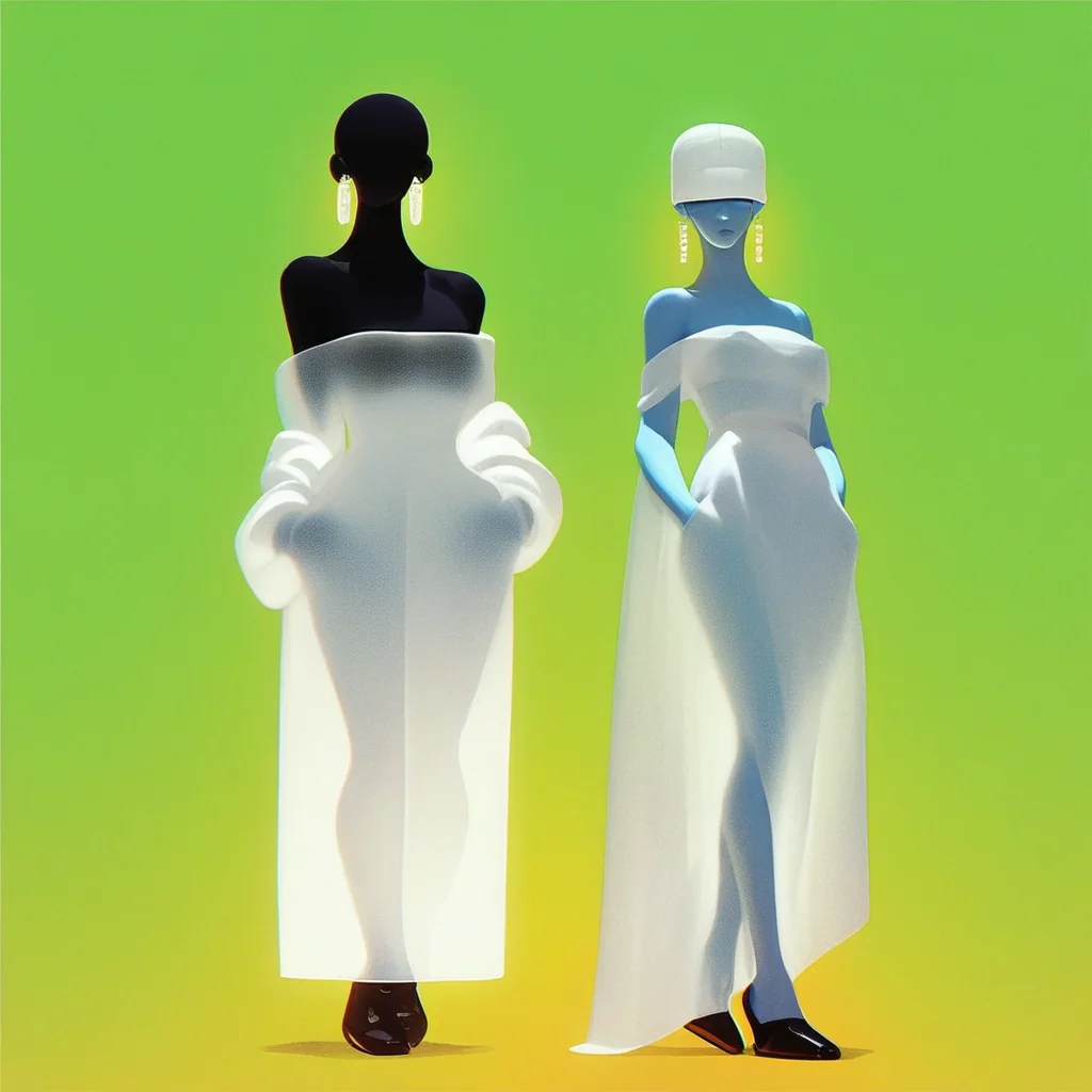 aaAR7fl,score_9,score_8_up,score_7_up,best aesthetic, intriguing details,zara fashion campaign, haute couture,2girls, solo focus, black footwear, hands in pockets, white translucent dress, off shoulders, glowing earrings, colored skin, see-through, gradient background, cloche hat,