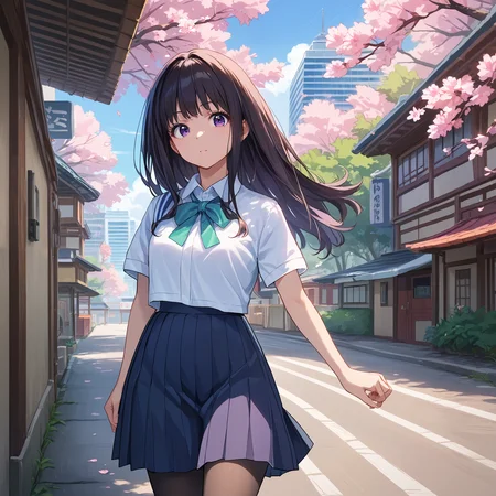 score_9, score_8_up, score_7_up, score_6_up, score_5_up, score_4_up, BREAK source_anime, look at viewer, rating_safe, 1girl, solo, outdoors, cherry blossom, city, masterpiece, best quality, high detailed skin, inoue takina, long hair, black hair, purple eyes, school uniform, collared shirt, white shirt, pleated skirt, black pantyhose, short sleeves,