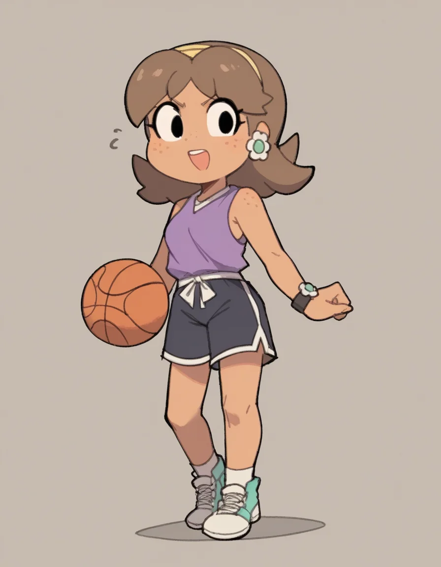 zPDXL, score_9, score_8_up, score_7_up, source_anime, flat color, sketch,
1girl, solo, open mouth, (standing), Princess Daisy, brown hair, medium hair, freckles, tan-skinned female, basketball player wearing a purple sleeveless shirt, basketball shorts, ankle-support sneakers, headband,sports watch,
<lora:TemmieChang_ver2:1> tmchng, chibi, black eyes
