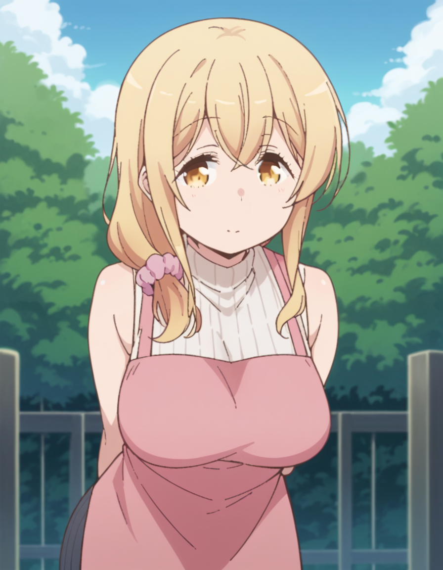 score_9, score_8_up, score_7_up, source_anime, <lora:ayaka-sunohara-s1-ponyxl-lora-nochekaiser:1>, ayaka sunohara, long hair, bangs, blonde hair, yellow eyes, mature female,, dress, sleeveless, apron, sweater, turtleneck, scrunchie, hair over shoulder, ribbed sweater, hair scrunchie, pink scrunchie,, Outdoors, nature, scenery, open space, sunlight, , hands behind back, bent over,, looking at viewer, solo,, dutch angle, cowboy shot