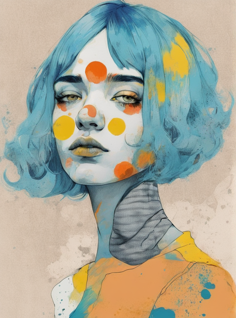 a drawing of a woman with coral   and  steel-blue hair and a  titanium-white and  lemon background with a  ochre spot, Conrad Roset, digital portrait, an ultrafine detailed painting, pop art, pop surrealism , <lora:Graphic_Portrait:0.75>