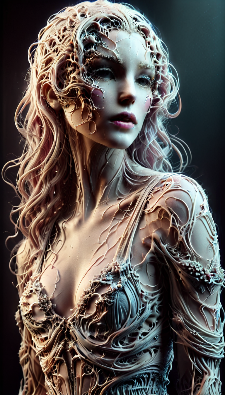 score_9, score_8_up, score_7_up, score_6_up, score_5_up, score_4_up, 1girl, beautiful woman, platinum blonde hair, long wavy hair, soft pink lips, front view, alluring expression, glossy lips, fair skin, soft lighting, cinematic photography, fashion photography, portrait shot, depth of field, close-up shot, bokeh background, lip biting, seductive, seduction, white dress, lace details, floral embroidery, off-the-shoulder, thin straps, lightweight fabric, delicate clothing, neon glow, pink and blue lighting, moody atmosphere, high contrast lighting, dramatic glow, backlit subject, soft shadows, cinematic ambiance, BiomechGothic, surreal organic design, gothic horror