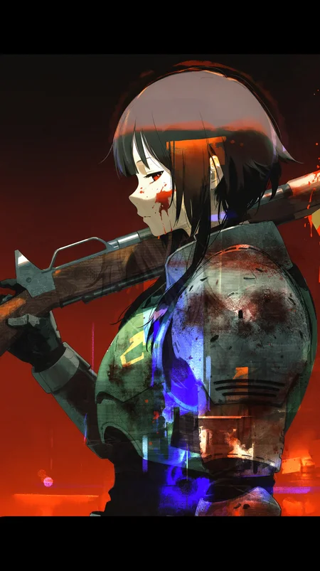 kukka, (wlop:0.1), textured ultra-detailed artwork, megumin,  1girl, portrait, armor, doomguy \(cosplay\), holding shotgun, weapon over shoulder, profile, aged up, brutal, half-closed eyes, from side, sideways glance, 
blood splatter on face, 
dark background, red background, abstract, multicolored background, gradient background, 
masterpiece, best quality, amazing quality, 
<lora:nhl-005-noobai-legacy-20:0.6> nhl-005, <lora:nhl-004:0.65>  nhl-004,