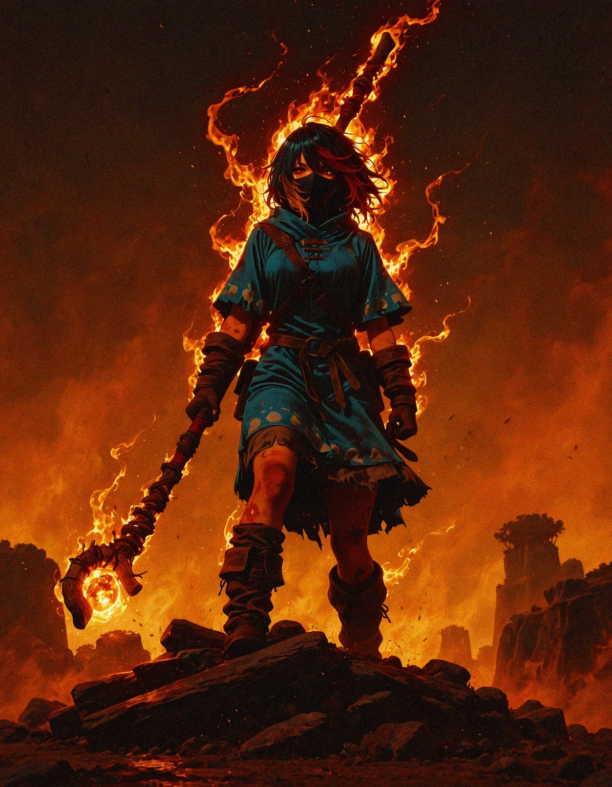 masterpiece, best quality, amazing quality, <lora:DarkFantasy_v3_Buns:0.55>, Flamecaller, ember-streaked tunic, blazing staff, volcanic backdrop, fiery aura, masterpiece, best quality, amazing quality