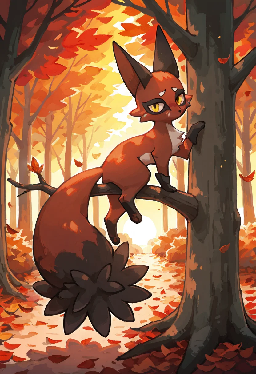 masterpiece, best quality, looking at viewer, zzNickit, autumn forest, carpet of fallen leaves, glowing sunset through branches, perched on tree root, head tilted, paw raised mid-step, gentle breeze â Bathed in the warm hues of a forest sunset, zzNickit perches atop a massive tree root, one paw lifted as if caught in motion. Golden leaves swirl gently around it, stirred by the breeze. The trees stretch long shadows across the forest floor, and the silence is broken only by the soft rustling of branches. ,<lora:NickitPokedex_IXL_v1:1.0>,