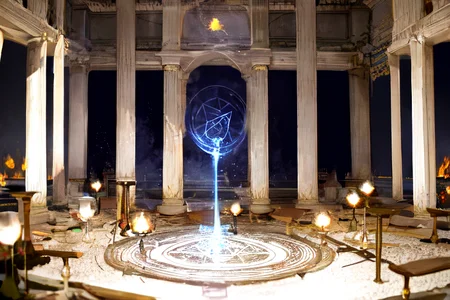 highly insanely detailed, masterpiece, top quality, best quality, highres, 4k, 8k, RAW photo, (very aesthetic, beautiful and aesthetic),
Ancient Roman Interior Design,RomInt,pool,fireplace,warm_light,candlelight_ambience,
<lora:RomanInterior-10:1>,
(1girl:1.3),
1other,
,
,
,
Witch's Workshop,alchemy_lab,flasks,beakers,ornate crystalline containers,strange artifacts,herbs and incense,ancient books,ancient texts,open spellbooks,bubbling liquids,glowing liquids,(perfect magic circle,magical circle,fusion),transmutation circles,pentagram symbol,pentagram circles,pentagramcircleconcept,arcane symbols,magic portal,magic shield,pentagram circles,pentagram symbol,pentagramcircleconcept,fireflies,various magical instruments,bat wings,mandrake roots,magical_ingredients,unicorn horns,rare herbs,mystical_herbs,dragon scales,phoenix feathers,troll teeth,grand stone witches_fireplace,electric blue background,
,âââ