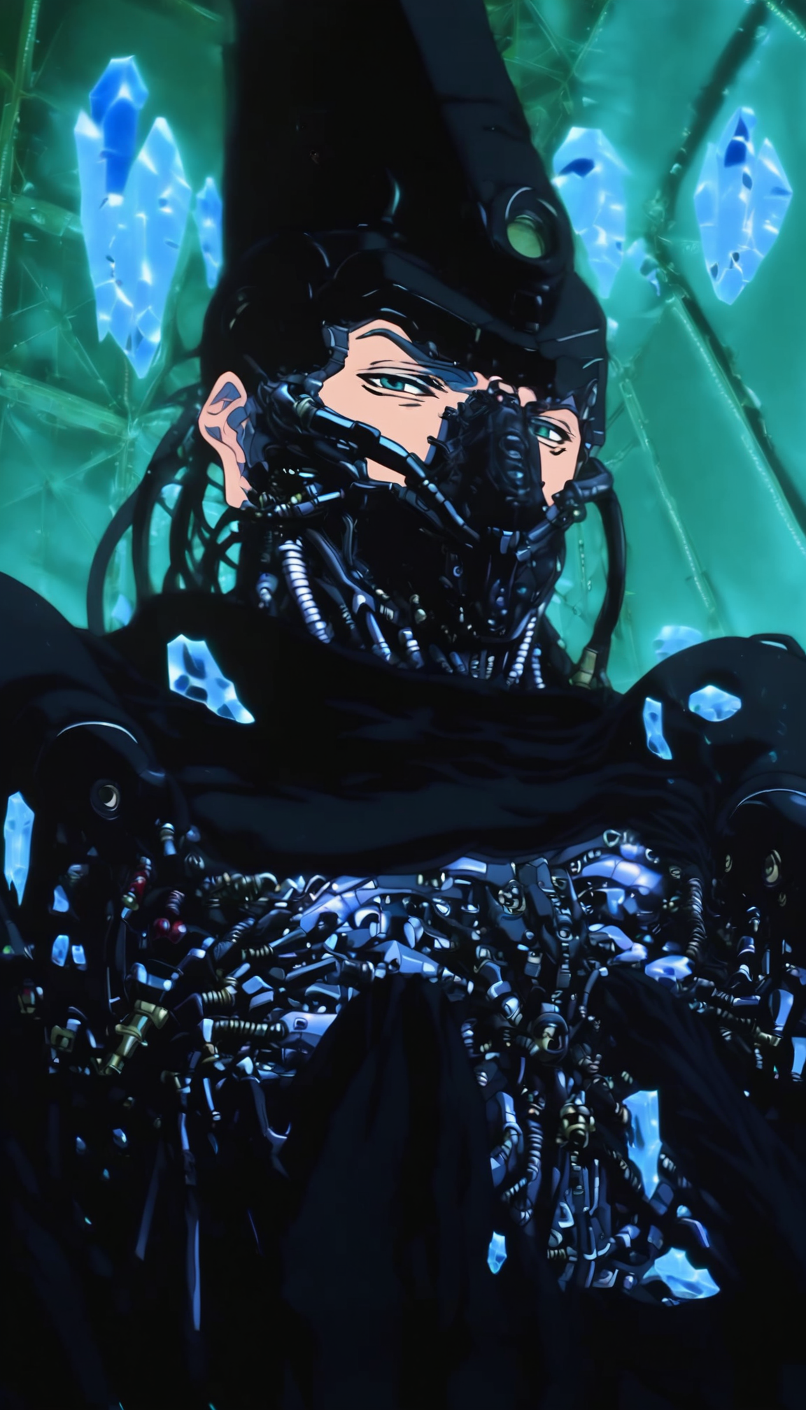 1boy, solo, male focus, science fiction, mask, black hair, cyberpunk, helmet, cable, looking at viewer, upper body, crystal, cyborg, gas mask