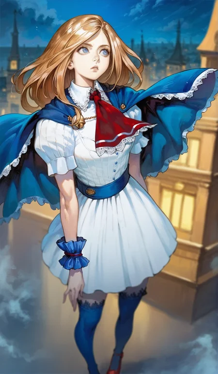 score_9,score_8_up,score_7_up,
highres,highly detailed,
<lora:CharlotteAulin:1>,
charlotteaulin,
1girl,solo,
brown hair,long hair,
blue eyes,looking to the side,
blue cape with white lace trim,white dress,white lace trim collar,red tie with white lace trim,short puffed sleeves,blue wrist cuffs,(blue wrap skirt:1.1),
blue lace thigh socks,red heels,
from rooftop,
blurry background,vignetting,outdoors,dark,light particles,(bell tower in the background:1.1),(night:1.2),cloudy,fog,clock tower,big bam,