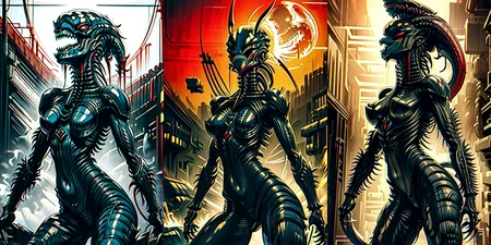 (otherworldly), highly insanely detailed, masterpiece, top quality, best quality, highres, 4k, 8k, RAW photo, (very aesthetic, beautiful and aesthetic),
__lazy-wildcards/cosplay-char/alien-predator/xenomorph/prompts__,
<lora:FemXeno:0.6>,
(1girl:1.3), eyes focus,
__lazy-wildcards/dataset/background__,âââ