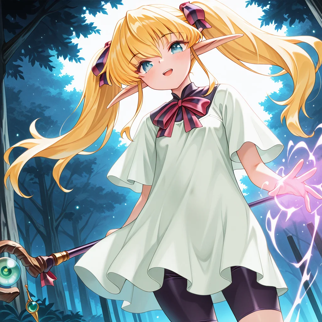 1girl,solo,<lora:IL_Collet_Brause_Pastel_Chime:1>,pc_cb,Collet Brause,elf,pointy ears,blonde hair,twintails,hair ribbon,sidelocks,
dutch angle,foreshortening,fantasy,looking at viewer,outdoors,
bowtie,bike shorts,school dress,
long staff,holding staff,blush,head tilt,open smile,feet togeher,body showing through clothes,backlighting,from below,body visible through clothes,upper body,profile,darkness,light particles,bloom,bloom,magic effect,casting spell,wind magic,serious,focused,, masterpiece,best quality,amazing quality,very aesthetic,absurdres,