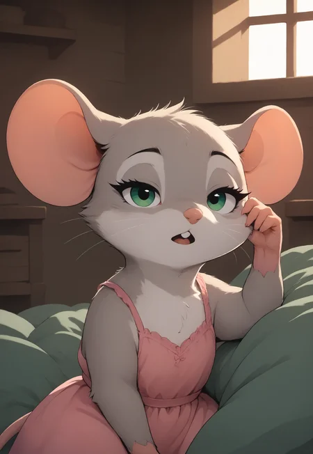 score_9, score_8_up, score_7_up, score_6_up, score_5_up, score_4_up, ((mouse)), (feral, cute:1.2), grey fur, green eyes, pink nightgown, sitting in bed, blankets, (sleepy, tired:1.3), waking up, sunlight, sun in eyes, hand on eye, upper body, cottage, looking at viewer, open mouth,