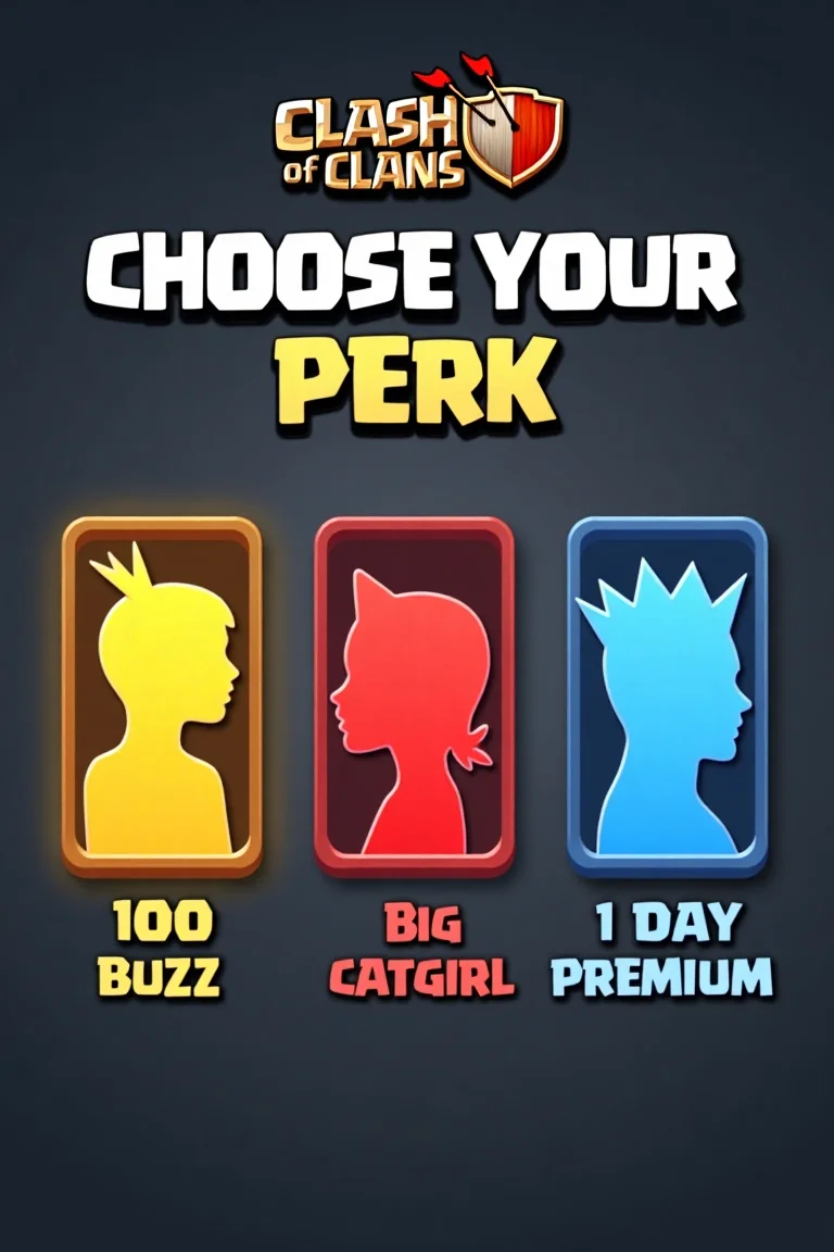 Crash of clans mobile game title text "Choose Your Perk" big text on top. 3 windows to choose from:
first window on left with text "100 buzz" big letters on left., first window: on left with yellow silhouette of a lightning.
second window on center with text "Catgirl" big letters on center, second window: on left with red silhouette of a catgirl.
third window on rightwith text "1 day premium" big letters on right, third window: on left with blue silhouette of a crown.