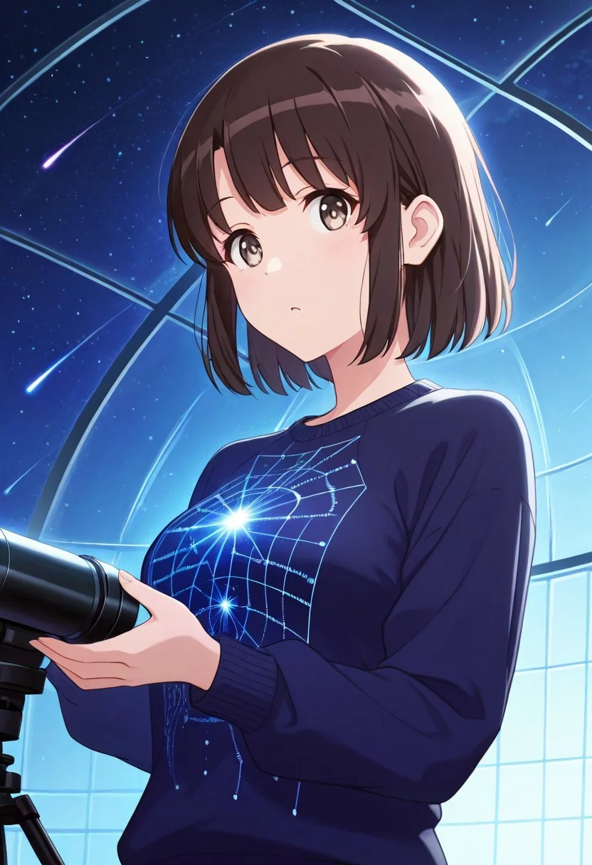 masterpiece, best quality, 1girl,Megumi <lora:IL-KatoMegumi:0.8>,brown hair,katou megumi,brown eyes,medium breasts, short hair, ,medium breasts, looking at viewer, masterpiece, best quality, astronomer outfit, star chart sweater, telescope nearby, observatory dome background, star-filled night sky, planetary models, control panels, star maps, looking through telescope, curious scientific expression, constellations visible, holographic displays, meteor shower, astronomical equipment, blue nighttime lighting, technical atmosphere, glass dome ceiling, wide angle perspective