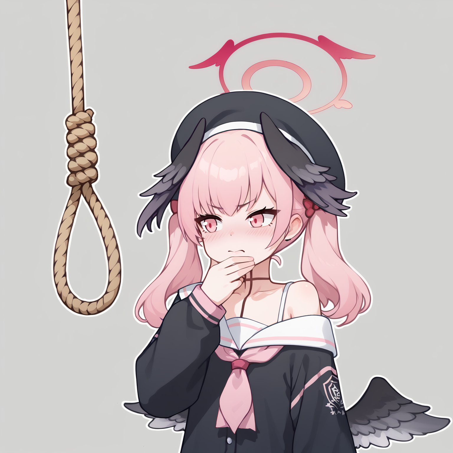 score_9,  score_7_up, BREAK,
  <lora:koharu_blue archive_PONY_last:1> koharu-default, koharu \(blue archive\),pink eyes,pink hair,beret, head wings,twintails,halo,low wings,white sailor collar,black shirt,off shoulder,pink neckerchief,red skirt,
 <lora:thinkingnoosev1:1>, thinkingnoose, noose, hand on own chin, solo, thinking, rope,