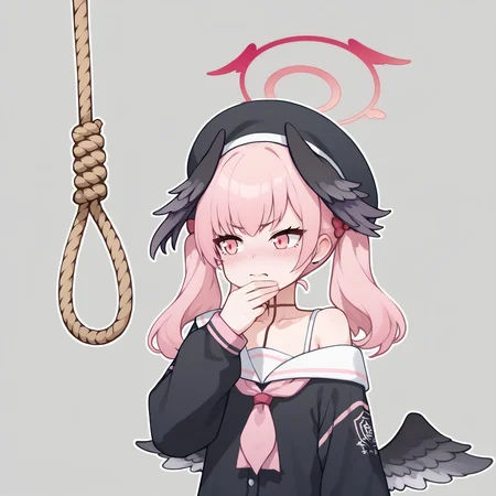 score_9,  score_7_up, BREAK,
  <lora:koharu_blue archive_PONY_last:1> koharu-default, koharu \(blue archive\),pink eyes,pink hair,beret, head wings,twintails,halo,low wings,white sailor collar,black shirt,off shoulder,pink neckerchief,red skirt,
 <lora:thinkingnoosev1:1>, thinkingnoose, noose, hand on own chin, solo, thinking, rope,