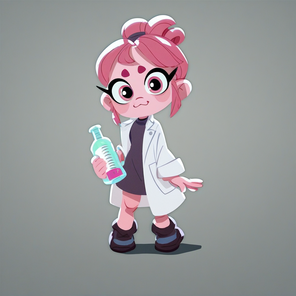 score_9, score_8_up, score_7_up, score_6_up, score_5_up, score_4_up, Poochie Science Style, 1girl, cute, girl, short stack, lab coat, black shoes, flat art, 2d art