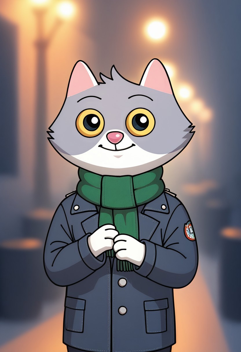 score_9, score_8_up, score_7_up, score_6_up, score_5_up, score_4_up, <lora:Sbercat:0.8>, sbercat, cat, grey fur, two tone fur, cat tail, black eyes, yellow sclera, solo, looking at viewer, winter night, winter clothes, light smile, green scarf, winter town, <lora:zy_Detailed_Backgrounds_v1:0.7>