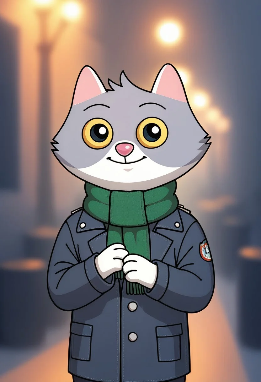 score_9, score_8_up, score_7_up, score_6_up, score_5_up, score_4_up, <lora:Sbercat:0.8>, sbercat, cat, grey fur, two tone fur, cat tail, black eyes, yellow sclera, solo, looking at viewer, winter night, winter clothes, light smile, green scarf, winter town, <lora:zy_Detailed_Backgrounds_v1:0.7>