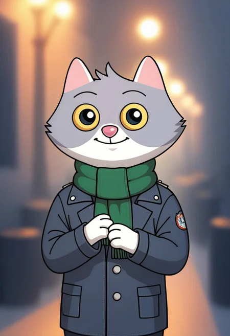 score_9, score_8_up, score_7_up, score_6_up, score_5_up, score_4_up, <lora:Sbercat:0.8>, sbercat, cat, grey fur, two tone fur, cat tail, black eyes, yellow sclera, solo, looking at viewer, winter night, winter clothes, light smile, green scarf, winter town, <lora:zy_Detailed_Backgrounds_v1:0.7>