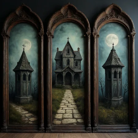 Triptych art, a painting in three panels. 

Gothic frame around an artwork of an old dark house, haunted, spooky.

<lora:TriptychArt01_CE_XL_300-OT:0.6> trptchCE_style