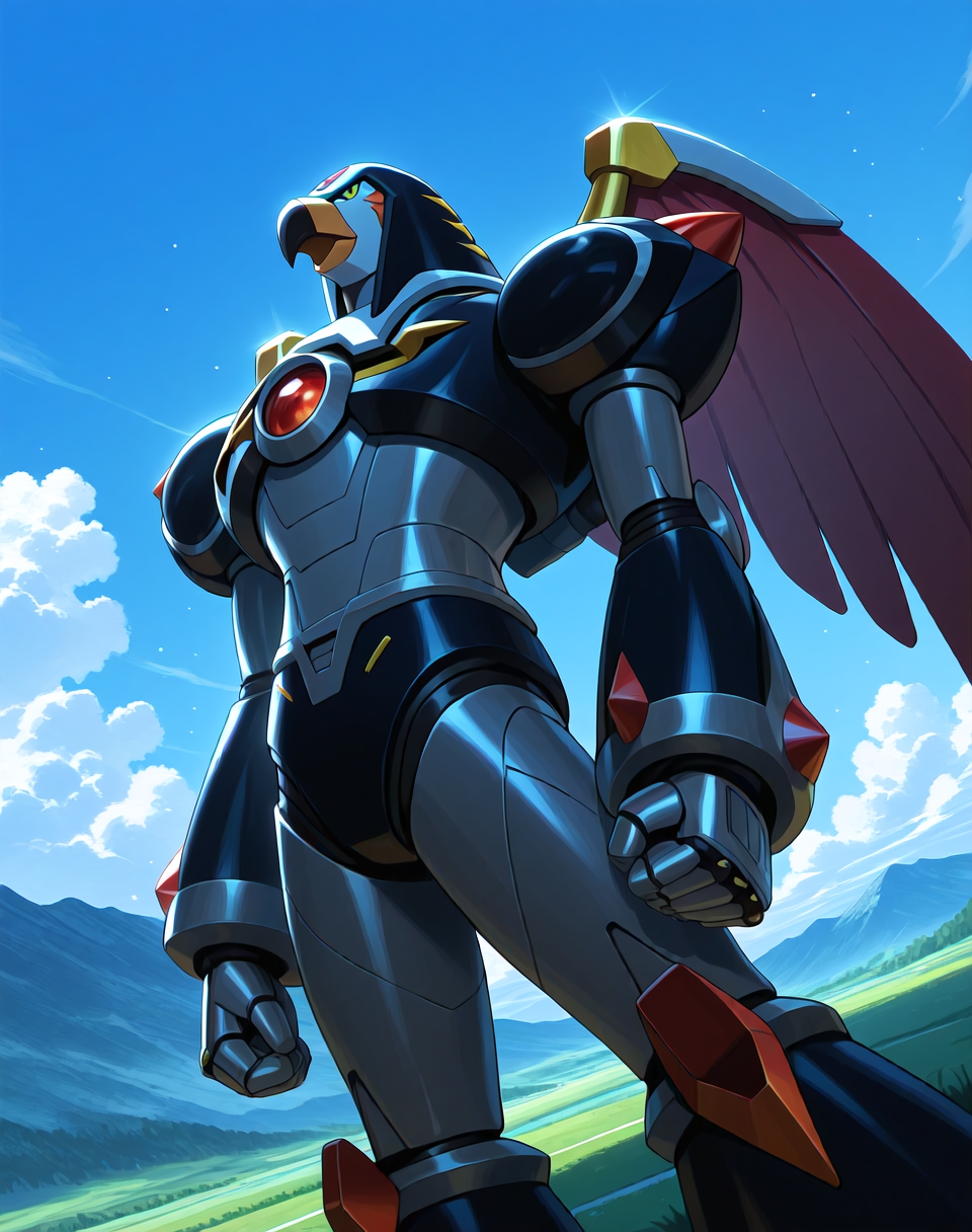 <lora:Flame_Falcon_(Mega_Man_X)_(Illustrious)_(AD):1> Flame Falcon, reploid, MMX, 
exterior, blue sky with clouds, mountain valley, grassy valley,
dutch angle, dynamic action, cowboy shot,
male focus, intense shadows, dynamic shadows, intricate details, attention to details, gradient coloring, robot, bright vivid colors, deep metallic colors, glossy metal body, wings, beak, 
BREAK very awa, masterpiece, best quality, amazing quality, very aesthetic, highres, absurdres,
EZRealPONYXL, zPDXL, Smooth Quality, lazynsfw,