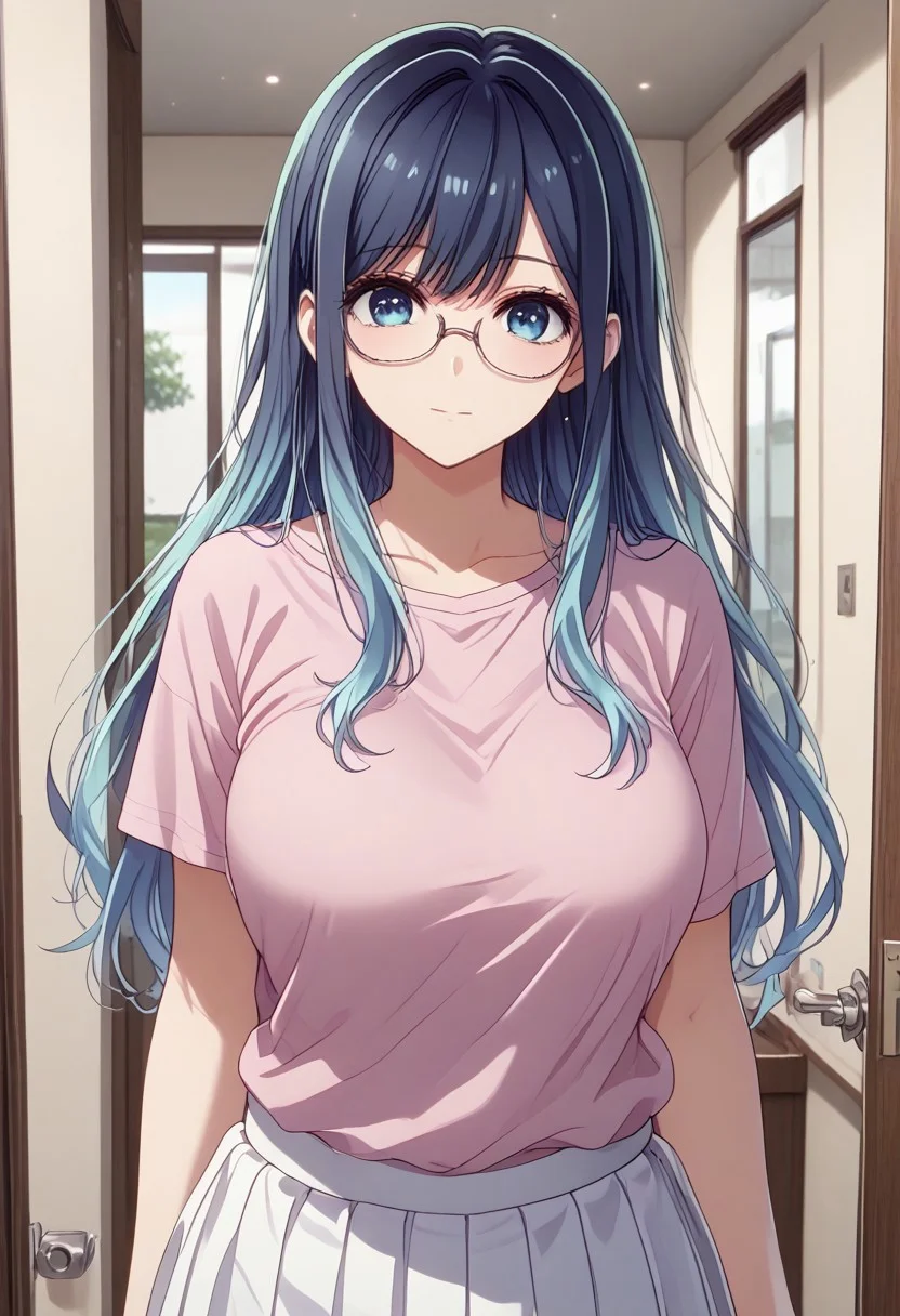 safe_pos, score_9, score_8_up, score_7_up, (masterpiece, detailed:1.2), (best quality:1.2), (High Resolution), (More Details), (8K), (High Resolution), female focus, sharp focus, newest, ultra-detailed, 1girl, solo, mature woman, milf, akane kurokawa, long hair, bangs, large breasts, blue eyes, high gradient eyes, black hair, blue hair, multicolored hair, gradient hair, Glasses, Megane, face, shirt, pink t-shirt, pleated skirt, white skirt, upper body, various expressions, various poses, front view, door, opening door, house,