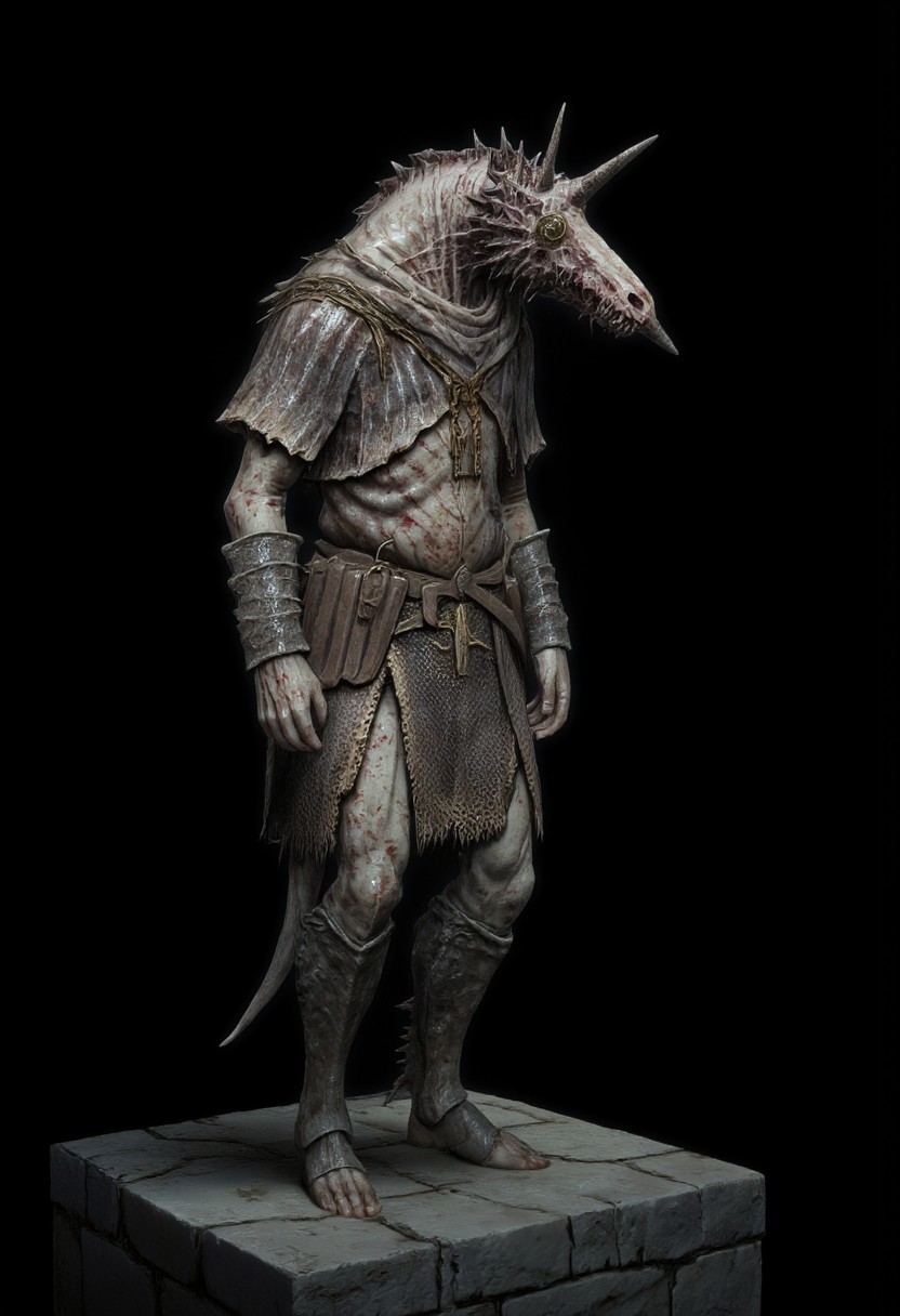 malformed hobo Miner lizardman in a roman soldier armor mixed with legionnaire attire, horse shaped skull, elongated snout
Standing on a flat ground
Set against a solid dark black color background to emphasize its unsettling unnatural form that emphasizes its silhouette. The medium is not a traditional painting or illustrative medium like watercolor or ink but rather a digital 3D rendering.
MikeFranchinastyle, bbstyle,, horror theme,, ZBClay model of a gray sculpture, zbrush, d4arks0uls, overcast lighting