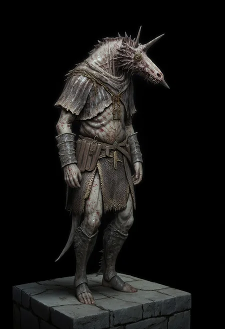 malformed hobo Miner lizardman in a roman soldier armor mixed with legionnaire attire, horse shaped skull, elongated snout
Standing on a flat ground
Set against a solid dark black color background to emphasize its unsettling unnatural form that emphasizes its silhouette. The medium is not a traditional painting or illustrative medium like watercolor or ink but rather a digital 3D rendering.
MikeFranchinastyle, bbstyle,, horror theme,, ZBClay model of a gray sculpture, zbrush, d4arks0uls, overcast lighting