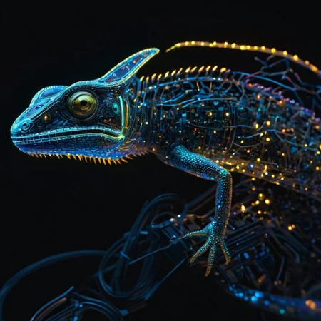 holotech lizard, made of glass, colorful, ultra detailed, circuits, glowing