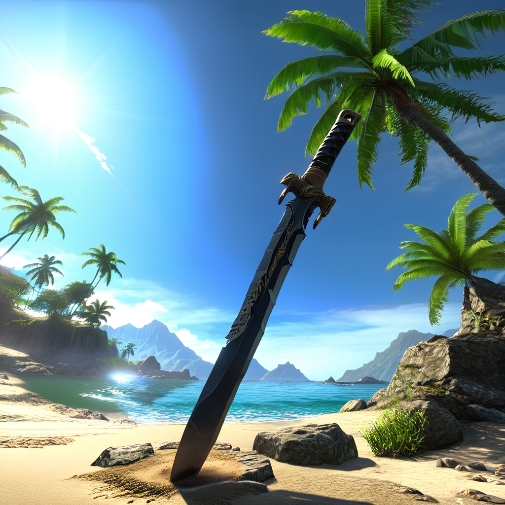 masterpiece,8k,absurd resolution, <lora:farcry_xl:0.81>,
farcry,, outdoors, tree, no humans, day, sky, scenery, beach, cloud, palm tree, ocean, sword, sand, weapon, blue sky, water, rock, mountain,
,reflection, cg rendering, volumetric light,  bioluminescence, unreal engine 5, magic of light,dinamic light,realistic shadows