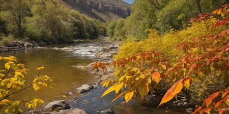 orange river, yellow and red and yellow leaf in summer time