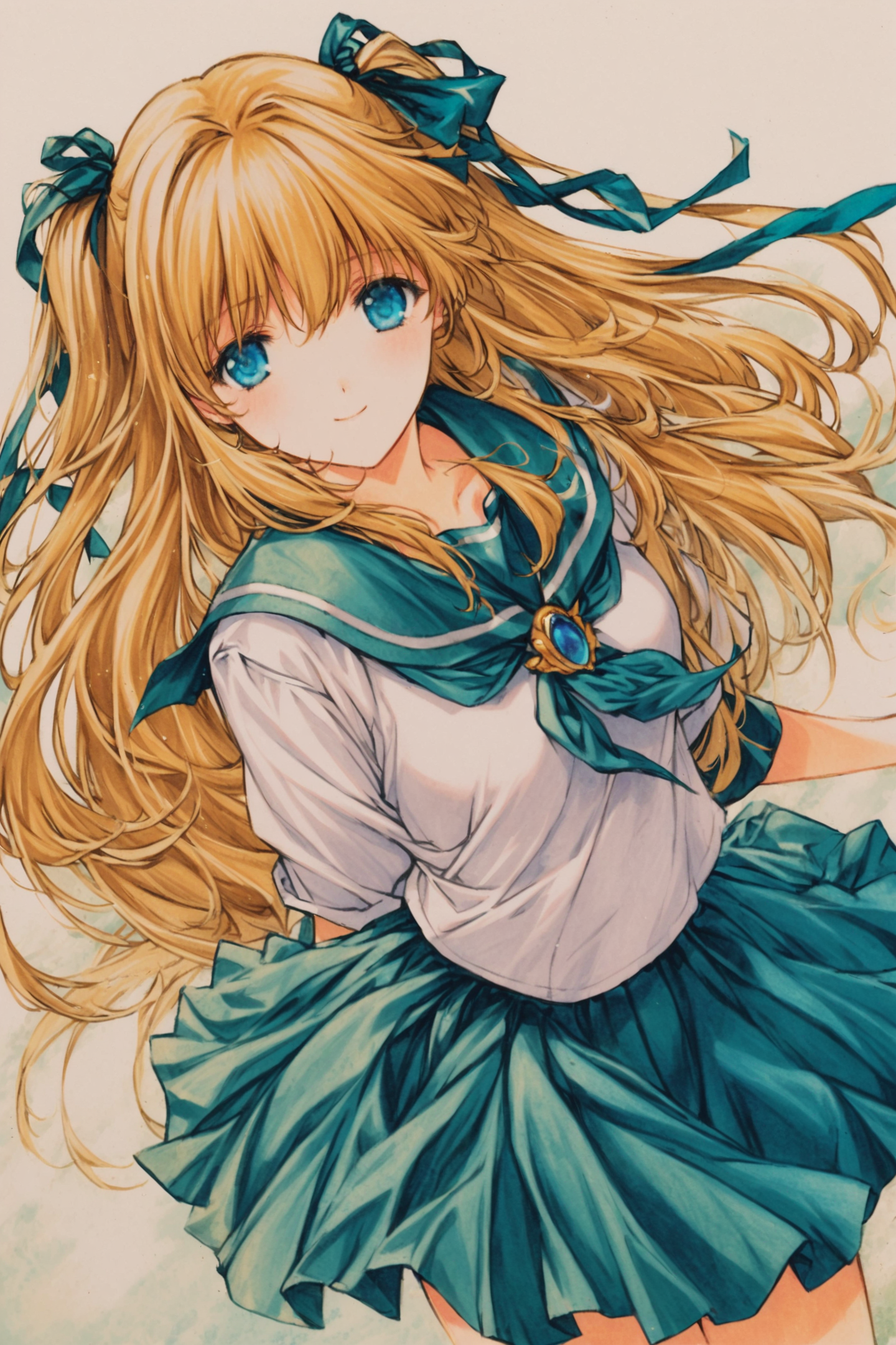 1girl,solo,long hair,blue eyes,blonde hair,school uniform,jewelry,hair ribbon,ribbon,serafuku,skirt,brooch,smile,traditional media,<lora:MIN-NARAKEN_XL:0.8>,