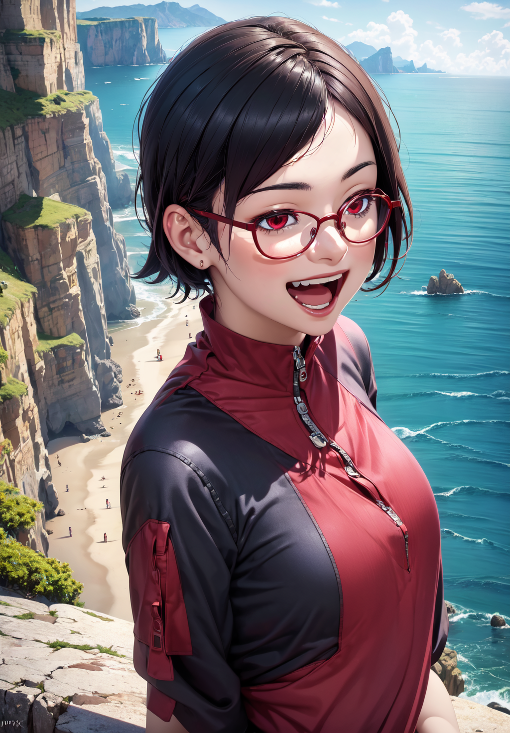 (Digital Artwork:1.3), 1girl, sfw, <lora:uchiha_sarada:0.8>, uchiha_sarada, 1girl, solo,, light skin, quarter turn,1/4 body pose, upper body view, eyes focus, looking at the viewer, (happy, excited, open mouth:1.3), red eyes, clear glasses, petite body, in early twenties, petite breasts, uniform, dramatic cliffs overlooking the ocean, (masterpiece, best quality, absurdres, detailed, ultra-detailed:1.3), gorgeous, (trending on CGSociety, trending on pixiv, contest winner:1.3)