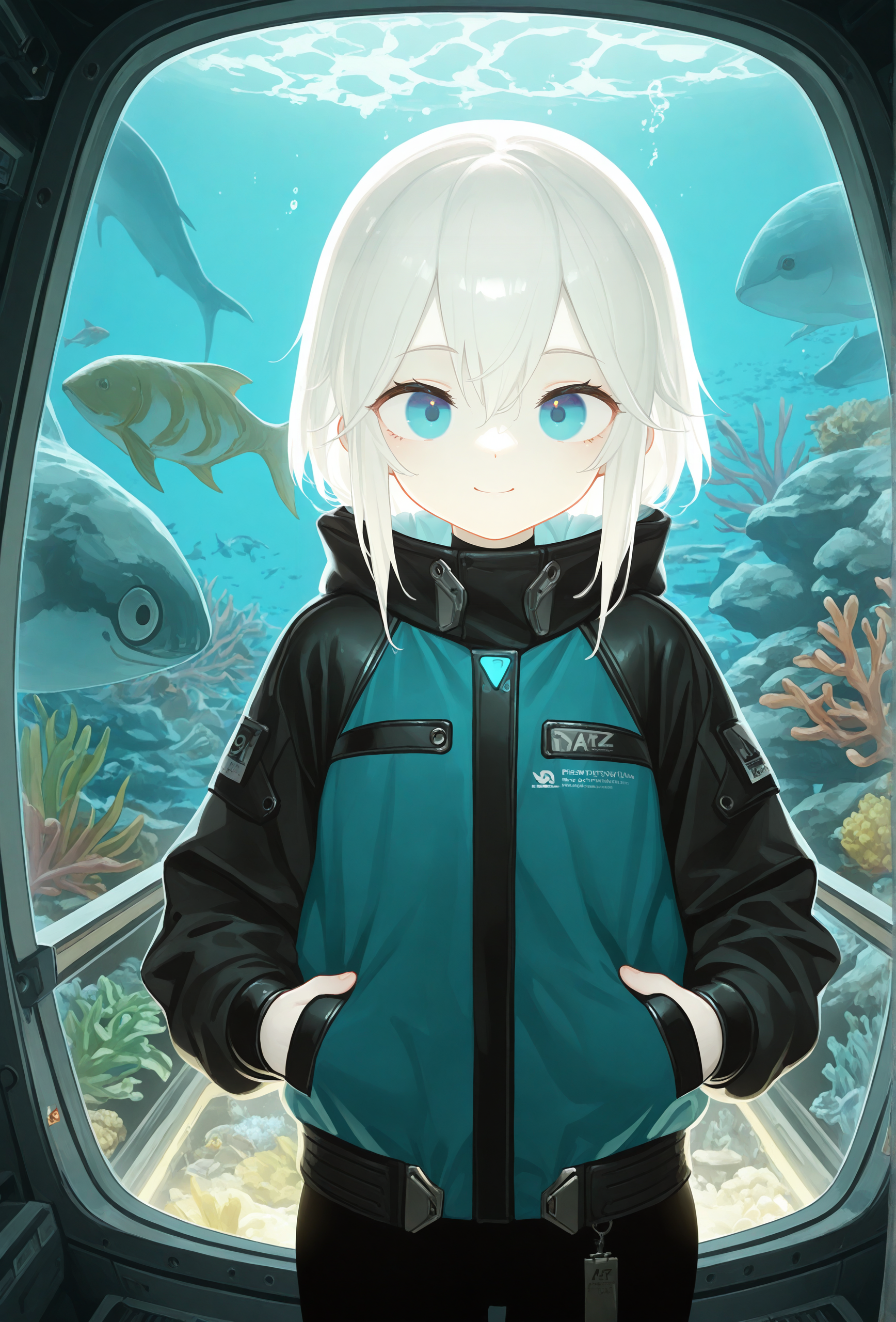 masterpiece,best quality,amazing quality, 1girl, science fiction, aquarium, pale skin, white hair, straight-on, jacket, looking at viewer, smile, blue eyes, <lora:antifreez3_style_illustrious_v1f:1> afz3style