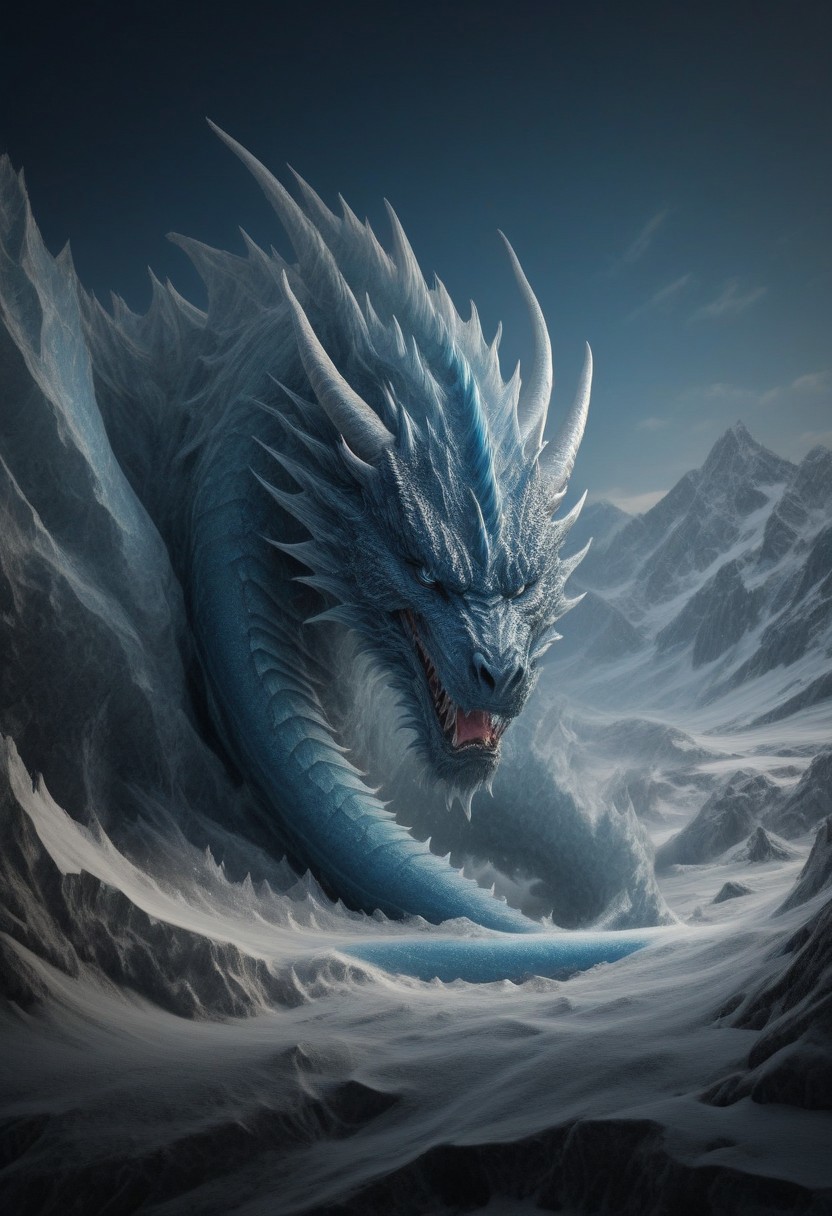 "A huge ice dragon sleeps on top of a glacier. Its blue eyes are hidden under thick eyebrows, and its long horns are covered in ice. The cold wind creates snow swirls around it."
Photographer: "photo taken with DSLR camera", "illustration taken with watercolor".
Artist: "in the style of Aivazovsky", "in the style of Michelangelo".
Emotion: "furious", "calm".
Perspective: "bottom up", "close-up".
Lighting: "dramatic lighting", "soft light".