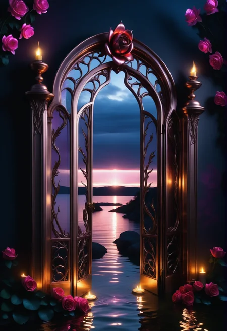 sunrise shines,landscape of a reij-ebsu gate <lora:ebony sunset-000001:1>, empty place, the gate surrounded by flowers is made of pam-flwr <lora:SDXL_FLOWER_STYLE:0.9>, a reij-mg outdoor room, neon light <lora:reij-moderngothic:0.8>, open gate made out of Jed-ANC <lora:ArtNouveauCopperStyle:0.9>, RAW photo, landscape of a (Dragonstone Fortress of the Flame Keepers:1.3) and Caves, it is Absurd and 1600'S, inside a Lake, Spring, Sad, Dark Wave Art, moody lighting, Kodak UltraMax 400, F/2.8, synthwave, neon-lit, elaborate, highly detailed, handsome, contemporary
